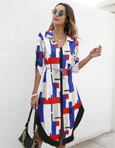 2021 Fall Women's Single-breasted Lapel Long Sleeve Dress Striped Geometric Print Irregular Knee-Length Shirt Dresses Vestidos
