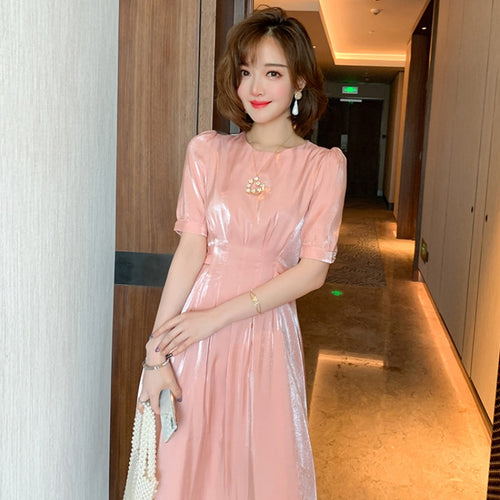 2021 Fashion Elegant Acetate dress Folds High Waist A-Line Dress Women Summer Short Sleeve Round Neck Party Dresses Female