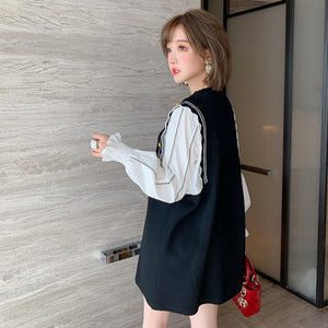 2021 Fashion Shirt Patchwork Loose Fake Two Casual Straight Dresses Long Sleeve Round Neck Buttons Knitted Autumn Spring Dress