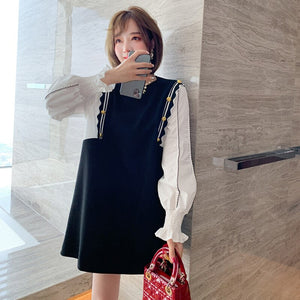2021 Fashion Shirt Patchwork Loose Fake Two Casual Straight Dresses Long Sleeve Round Neck Buttons Knitted Autumn Spring Dress