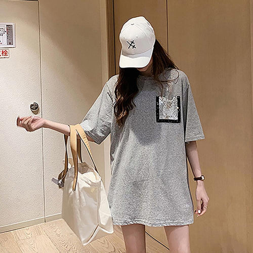 2021 Fashion T Shirt Women Korean Slyle Loose Women Summer Loose Comfortable Medium Length Pocket O Neck Short Sleeves T-shirt