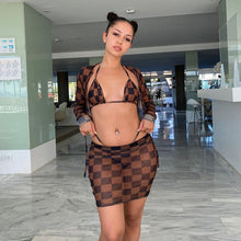 Load image into Gallery viewer, 2021 Fashion Trend Personality Sexy Nightclub V-neck Mesh Printed Plaid Jacket Vest See-through Hip Skirt Three-piece Set