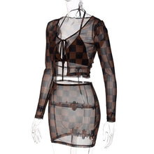 Load image into Gallery viewer, 2021 Fashion Trend Personality Sexy Nightclub V-neck Mesh Printed Plaid Jacket Vest See-through Hip Skirt Three-piece Set