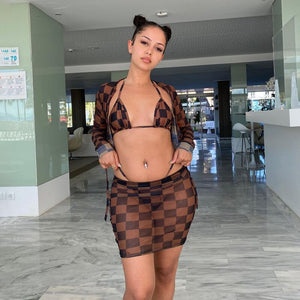 2021 Fashion Trend Personality Sexy Nightclub V-neck Mesh Printed Plaid Jacket Vest See-through Hip Skirt Three-piece Set