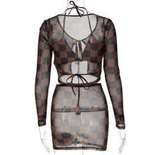 Load image into Gallery viewer, 2021 Fashion Trend Personality Sexy Nightclub V-neck Mesh Printed Plaid Jacket Vest See-through Hip Skirt Three-piece Set