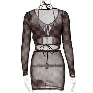 2021 Fashion Trend Personality Sexy Nightclub V-neck Mesh Printed Plaid Jacket Vest See-through Hip Skirt Three-piece Set