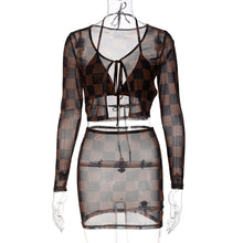 Load image into Gallery viewer, 2021 Fashion Trend Personality Sexy Nightclub V-neck Mesh Printed Plaid Jacket Vest See-through Hip Skirt Three-piece Set