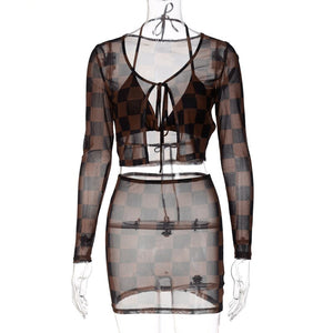 2021 Fashion Trend Personality Sexy Nightclub V-neck Mesh Printed Plaid Jacket Vest See-through Hip Skirt Three-piece Set