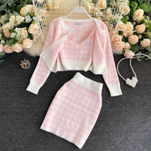 Load image into Gallery viewer, 2021 Fashion Women Clothing Suit Long Sleeve Knit Cardigans+V-neck Crop Top Vest+Bodycon Skirt 3 Piece Set Casual Plaid Sweater