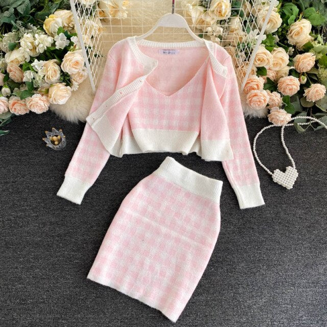 2021 Fashion Women Clothing Suit Long Sleeve Knit Cardigans+V-neck Crop Top Vest+Bodycon Skirt 3 Piece Set Casual Plaid Sweater