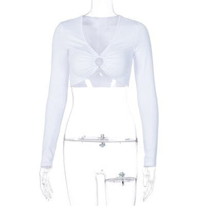 2021 Fashion Women’s Summer Long-sleeved Crop Top Solid Color Hollow Ring Exposed Navel T-shirt Skinny Sexy Ladies New Tees