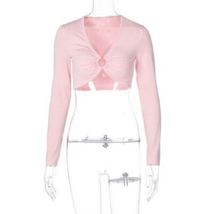 2021 Fashion Women’s Summer Long-sleeved Crop Top Solid Color Hollow Ring Exposed Navel T-shirt Skinny Sexy Ladies New Tees