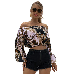 2021 Floral Women Blouse Summer Crop Tops Spring Slash Collar Print Shirts Sexy Off Shoulder Puff Long Sleeve Blouses Blusas