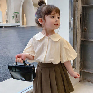 2021 Girls' Summer Wear New Style Baby Collar Children's Apricot Bubble Sleeve Shirt Girl's Outing Leisure Suit Cute Female Coat