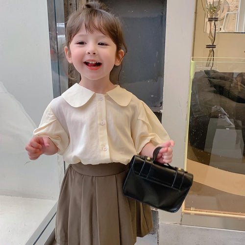 2021 Girls' Summer Wear New Style Baby Collar Children's Apricot Bubble Sleeve Shirt Girl's Outing Leisure Suit Cute Female Coat