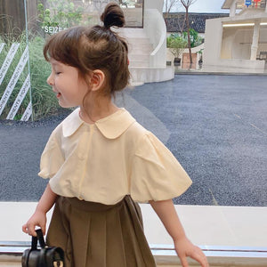 2021 Girls' Summer Wear New Style Baby Collar Children's Apricot Bubble Sleeve Shirt Girl's Outing Leisure Suit Cute Female Coat