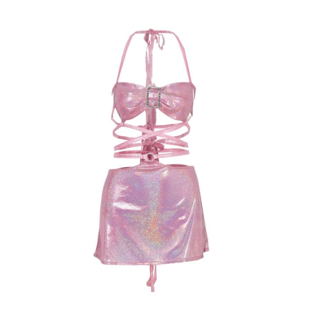 2021 Glitter Pink Two Piece Set Fairy Grunge Crop Top Mini Skirt Summer Y2K Clothes Sexy Club Rave Festival Outfit