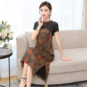 2021 High Quality Improved cheongsam Women dress Short Sleeve Flower Printed Temperament slim stitching   Qipao Dress