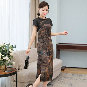 2021 High Quality Improved cheongsam Women dress Short Sleeve Flower Printed Temperament slim stitching   Qipao Dress