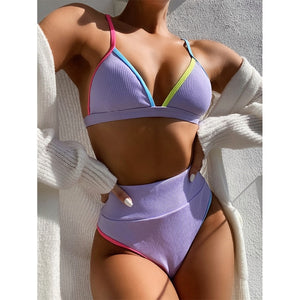 2021 High Waist Patchwork Bikini Set V-Neck Swimwear Push Up Swimsuit Female Print Bathing Suits Summer Beach Wear Swimming Suit