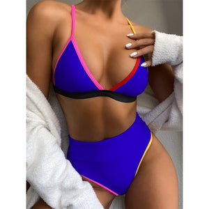 2021 High Waist Patchwork Bikini Set V-Neck Swimwear Push Up Swimsuit Female Print Bathing Suits Summer Beach Wear Swimming Suit