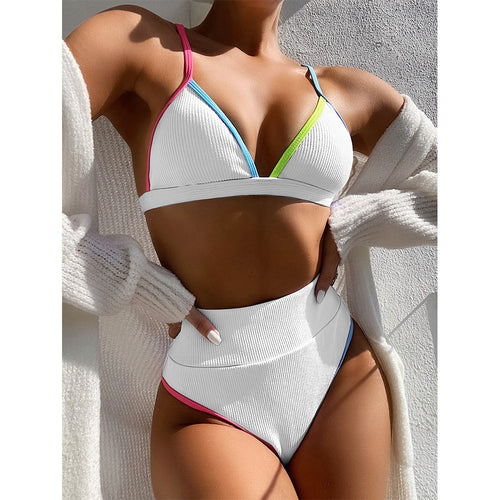 2021 High Waist Patchwork Bikini Set V-Neck Swimwear Push Up Swimsuit Female Print Bathing Suits Summer Beach Wear Swimming Suit
