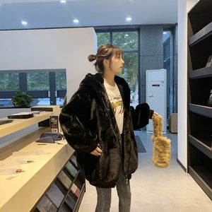 2021 Jacket Women Winter Faux Rabbit Fur Long Coats Female Solid Color Loose Casual Thickened Warm Cotton Hooded Coat