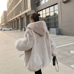 2021 Jacket Women Winter Faux Rabbit Fur Long Coats Female Solid Color Loose Casual Thickened Warm Cotton Hooded Coat