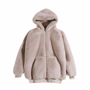 2021 Jacket Women Winter Faux Rabbit Fur Long Coats Female Solid Color Loose Casual Thickened Warm Cotton Hooded Coat