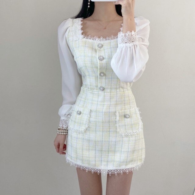 2021 Korea Spring Fashion Temperament Sweet Chiffon Patchwork Tweed Elegant Square Collar Top + High Waist Mini Skirt Suit