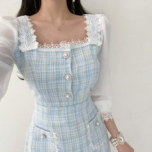 Load image into Gallery viewer, 2021 Korea Spring Fashion Temperament Sweet Chiffon Patchwork Tweed Elegant Square Collar Top + High Waist Mini Skirt Suit