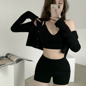 2021 Korean Fashion Summer 3 Piece Set Casual Knitted Women Elegant Long Sleeve Cardigan + Sling V-Neck Vest + Shorts Outfits