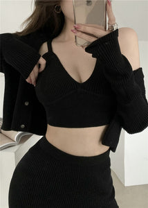 2021 Korean Fashion Summer 3 Piece Set Casual Knitted Women Elegant Long Sleeve Cardigan + Sling V-Neck Vest + Shorts Outfits