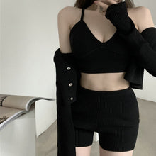 Load image into Gallery viewer, 2021 Korean Fashion Summer 3 Piece Set Casual Knitted Women Elegant Long Sleeve Cardigan + Sling V-Neck Vest + Shorts Outfits