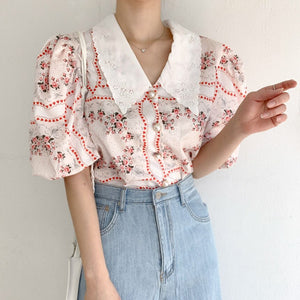 2021 Korean Temperament Sweet Doll Collar Chiffon Print Women Blouses Fashion Puff Sleeve Office Chic Blusas