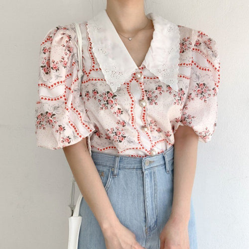 2021 Korean Temperament Sweet Doll Collar Chiffon Print Women Blouses Fashion Puff Sleeve Office Chic Blusas