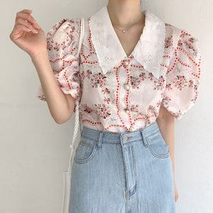 2021 Korean Temperament Sweet Doll Collar Chiffon Print Women Blouses Fashion Puff Sleeve Office Chic Blusas