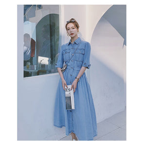 2021 Korean Women Slim Denim Dress Fashion Short Sleeve Turn-Down Collar Single Breasted  Elastic Waist Casual Long Dress Female