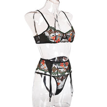 Load image into Gallery viewer, 2021 Lace Perspective Flower Embroidered Sexy Lingerie Set Underwire Gathers Bra Panties Garters See-through Erotic Thong Suit
