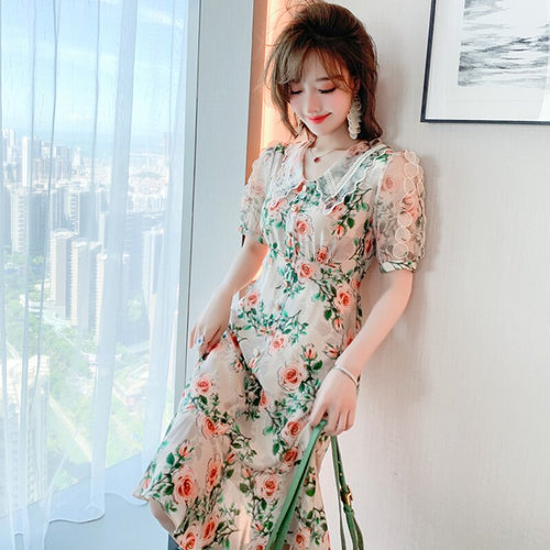 2021 Ladies High Waist Ruffle Short Sleeve Vintage Flower Print Button Knee Length Dress Women Summer Fashion Slim Bodycon