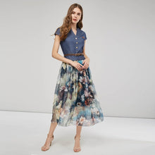 Load image into Gallery viewer, 2021 NEW Plus Size Women Summer V Neck Dress High Waist Button Short Sleeve Dresses Casual Floral Long Denim Dress with Belt