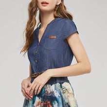 Load image into Gallery viewer, 2021 NEW Plus Size Women Summer V Neck Dress High Waist Button Short Sleeve Dresses Casual Floral Long Denim Dress with Belt
