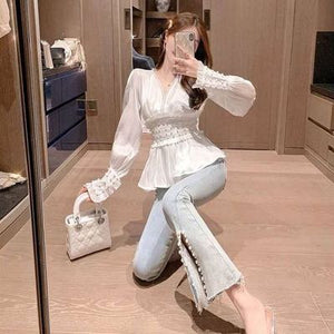 2021 New 2 Piece Set Women Spring Summer Europe Shinny Pearls Beadings Blouses Tops Elastic Flare jean Pants Suits Clothing Set