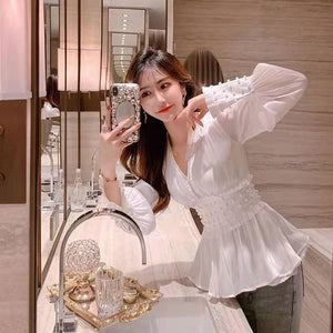 2021 New 2 Piece Set Women Spring Summer Europe Shinny Pearls Beadings Blouses Tops Elastic Flare jean Pants Suits Clothing Set