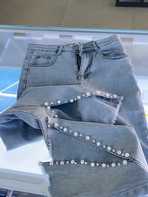 Load image into Gallery viewer, 2021 New 2 Piece Set Women Spring Summer Europe Shinny Pearls Beadings Blouses Tops Elastic Flare jean Pants Suits Clothing Set