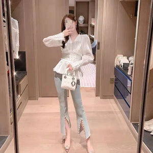 2021 New 2 Piece Set Women Spring Summer Europe Shinny Pearls Beadings Blouses Tops Elastic Flare jean Pants Suits Clothing Set