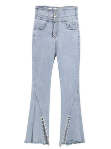 2021 New 2 Piece Set Women Spring Summer Europe Shinny Pearls Beadings Blouses Tops Elastic Flare jean Pants Suits Clothing Set