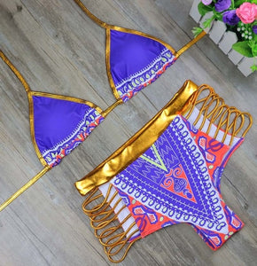2021 New African Print Two-Pieces Bath Suits Bikini Set Sexy Geometric Swimwear Swimsuit Gold High Waist Swimming Suit