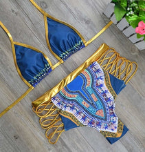 Load image into Gallery viewer, 2021 New African Print Two-Pieces Bath Suits Bikini Set Sexy Geometric Swimwear Swimsuit Gold High Waist Swimming Suit