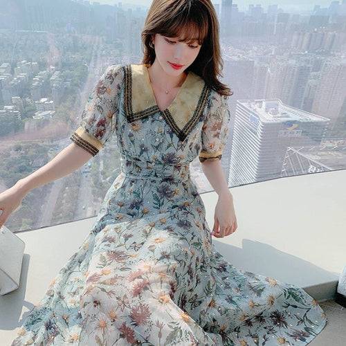 2021 New Arrival Summer Retro Peter Pan Collar Flower Print Short Sleeve Women Chiffon A-line Dress Vestidos Female